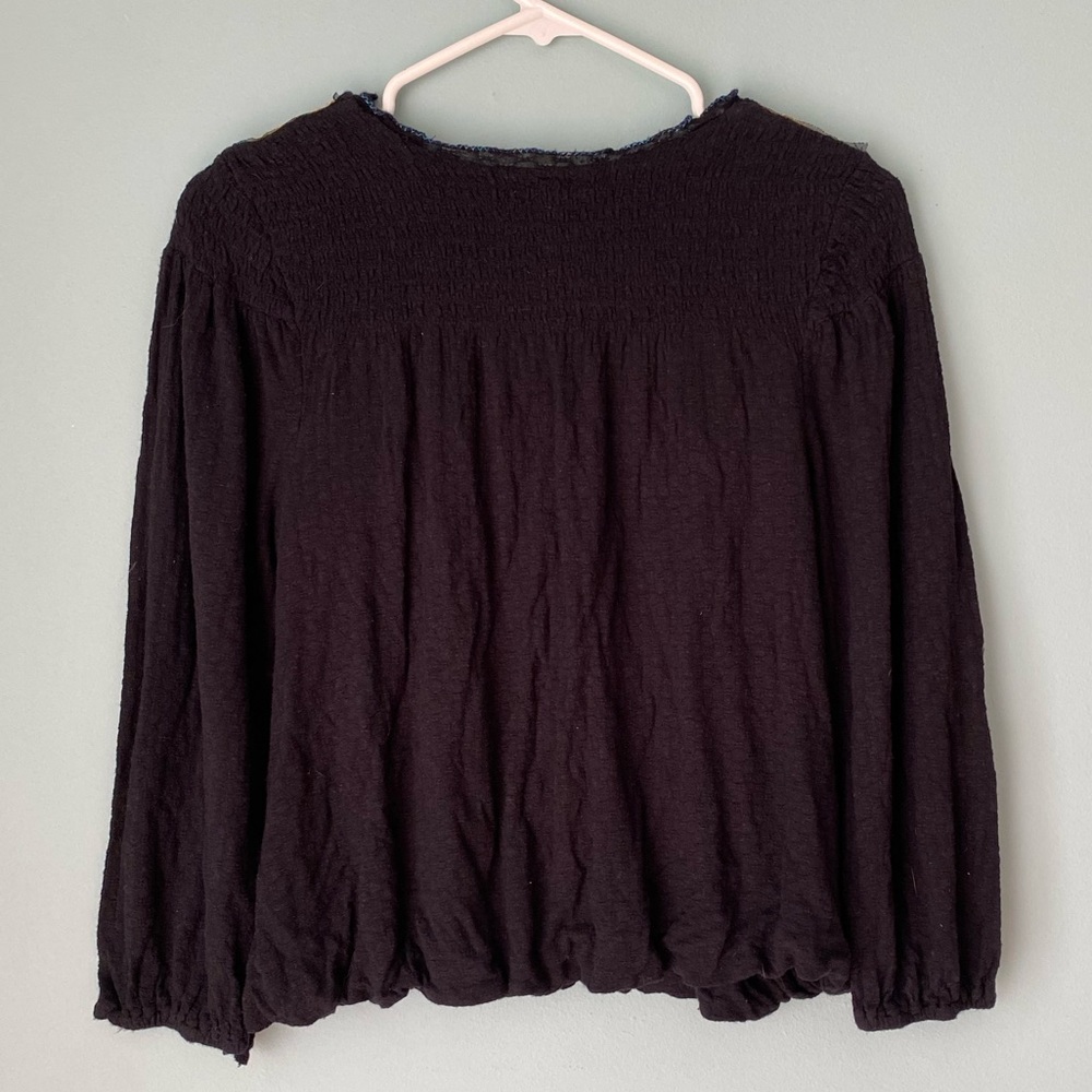 Free People Black Gold Embroidered Peasant Flowy Hippie Boho Baloon Sleeve Shirt - Picture 3 of 12
